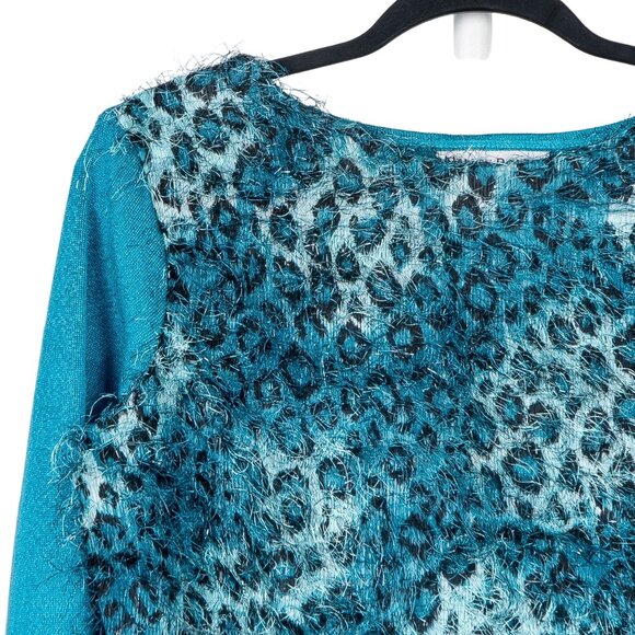 Nancy Bolen VTG Leopard Print Eyelash Shirt S Womens Teal Knit Long Sleeve USA - Picture 2 of 6